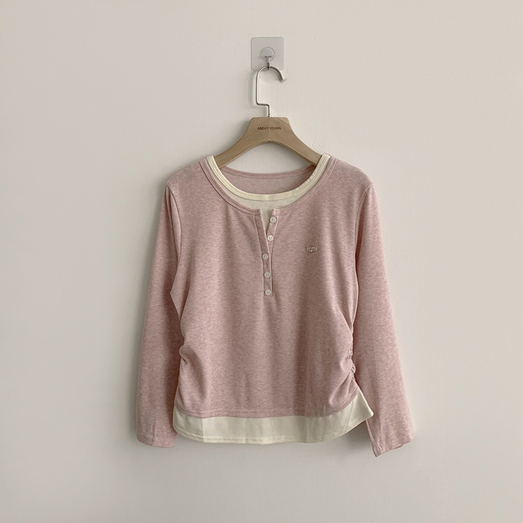 투픽 라운드 버튼 펜던트 버튼 레이어드 단추 긴팔 티셔츠