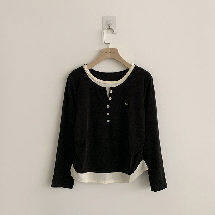 투픽 라운드 버튼 펜던트 버튼 레이어드 단추 긴팔 티셔츠