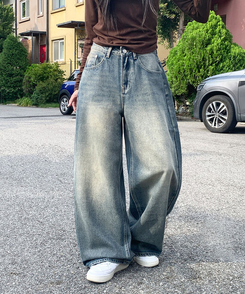 자체제작 로스텡 빈티지 브러쉬 워싱 데님 롱 와이드팬츠 베이비블루