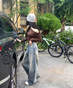 자체제작 로스텡 빈티지 브러쉬 워싱 데님 롱 와이드팬츠 베이비블루