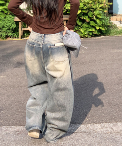 자체제작 로스텡 빈티지 브러쉬 워싱 데님 롱 와이드팬츠 베이비블루