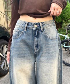 자체제작 로스텡 빈티지 브러쉬 워싱 데님 롱 와이드팬츠 베이비블루