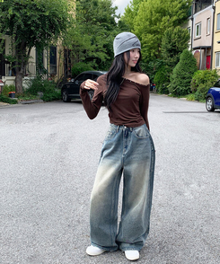 자체제작 로스텡 빈티지 브러쉬 워싱 데님 롱 와이드팬츠 베이비블루