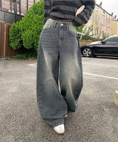 자체제작 로스텡 빈티지 브러쉬 워싱 데님 롱 와이드팬츠 스틸블랙