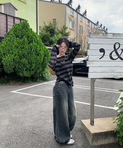 자체제작 로스텡 빈티지 브러쉬 워싱 데님 롱 와이드팬츠 스틸블랙