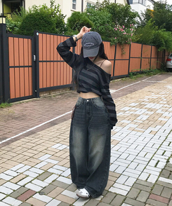 자체제작 로스텡 빈티지 브러쉬 워싱 데님 롱 와이드팬츠 스틸블랙