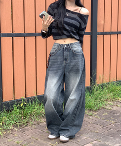 자체제작 로스텡 빈티지 브러쉬 워싱 데님 롱 와이드팬츠 스틸블랙