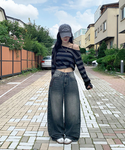 자체제작 로스텡 빈티지 브러쉬 워싱 데님 롱 와이드팬츠 스틸블랙