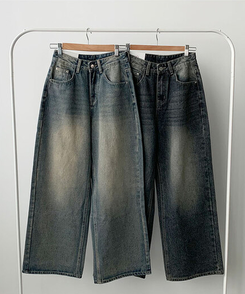 자체제작 로스텡 빈티지 브러쉬 워싱 데님 롱 와이드팬츠