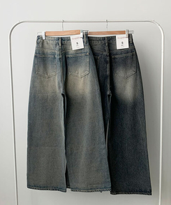 자체제작 로스텡 빈티지 브러쉬 워싱 데님 롱 와이드팬츠