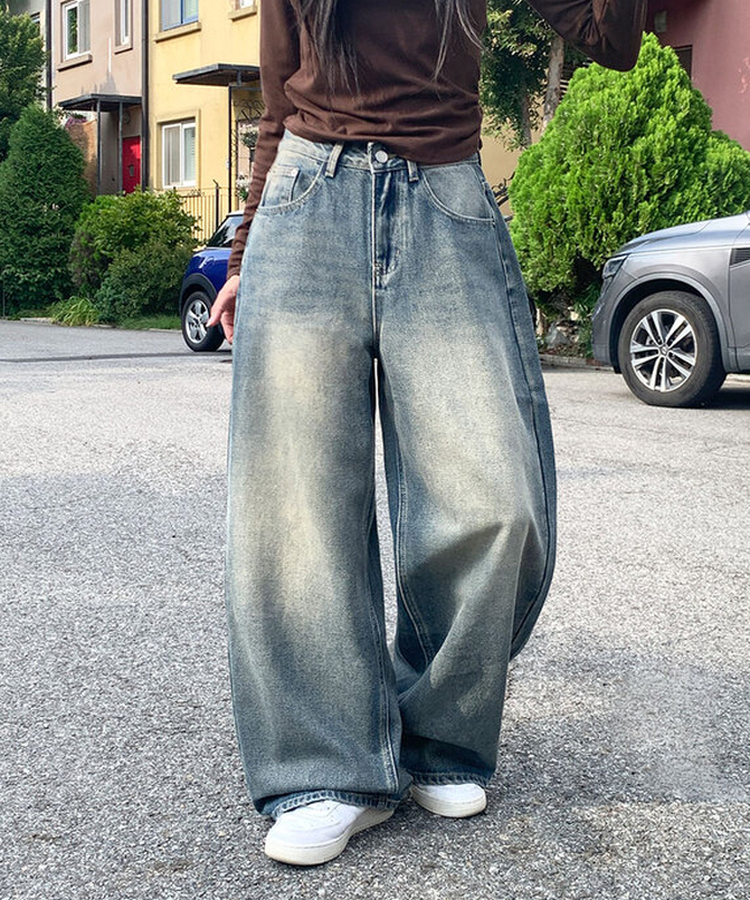 자체제작 로스텡 빈티지 브러쉬 워싱 데님 롱 와이드팬츠 베이비블루