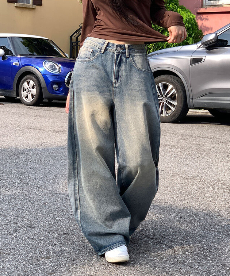 자체제작 로스텡 빈티지 브러쉬 워싱 데님 롱 와이드팬츠 베이비블루