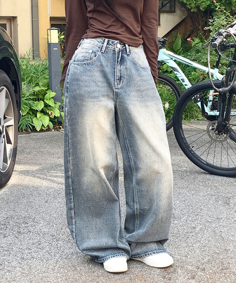 자체제작 로스텡 빈티지 브러쉬 워싱 데님 롱 와이드팬츠 베이비블루