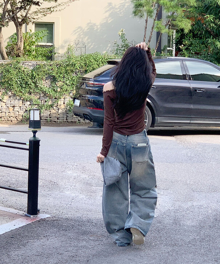 자체제작 로스텡 빈티지 브러쉬 워싱 데님 롱 와이드팬츠 베이비블루