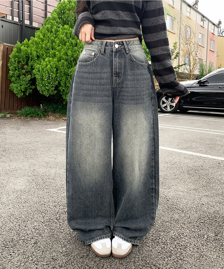 자체제작 로스텡 빈티지 브러쉬 워싱 데님 롱 와이드팬츠 스틸블랙