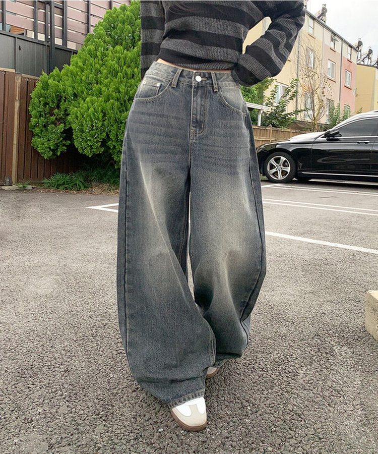 자체제작 로스텡 빈티지 브러쉬 워싱 데님 롱 와이드팬츠 스틸블랙