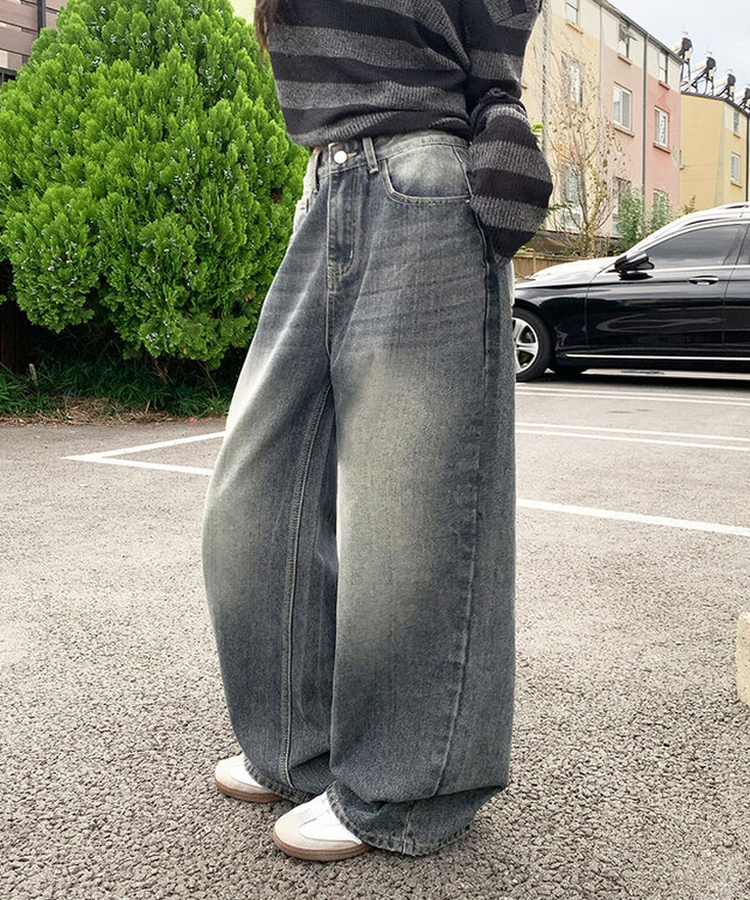 자체제작 로스텡 빈티지 브러쉬 워싱 데님 롱 와이드팬츠 스틸블랙