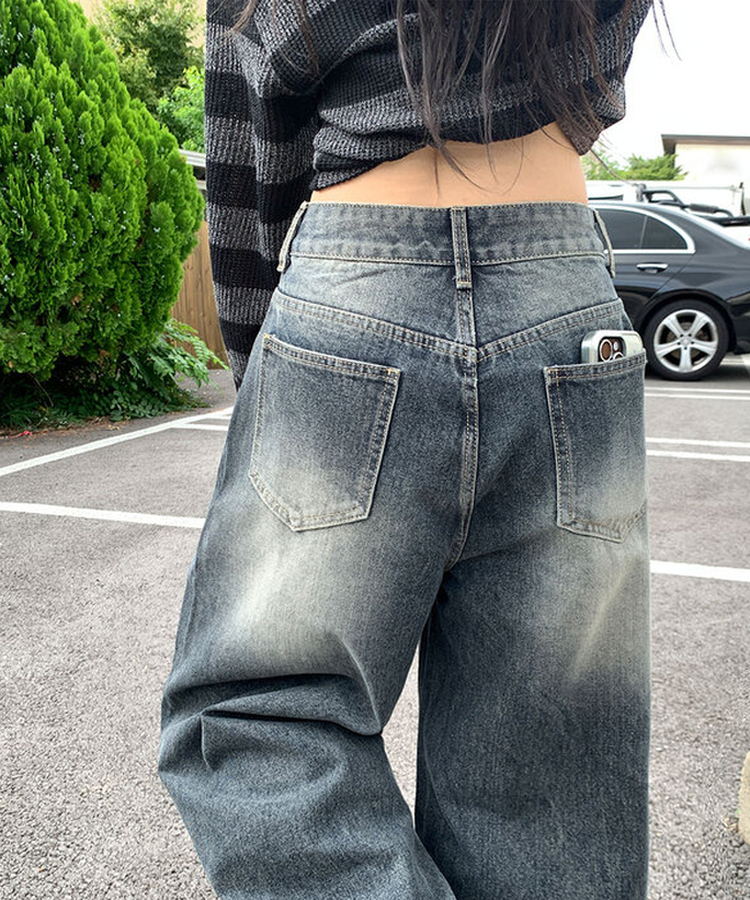 자체제작 로스텡 빈티지 브러쉬 워싱 데님 롱 와이드팬츠 스틸블랙