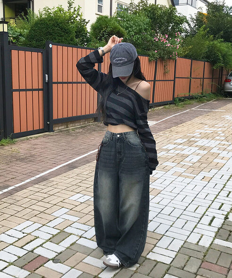 자체제작 로스텡 빈티지 브러쉬 워싱 데님 롱 와이드팬츠 스틸블랙