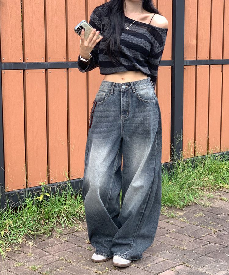 자체제작 로스텡 빈티지 브러쉬 워싱 데님 롱 와이드팬츠 스틸블랙