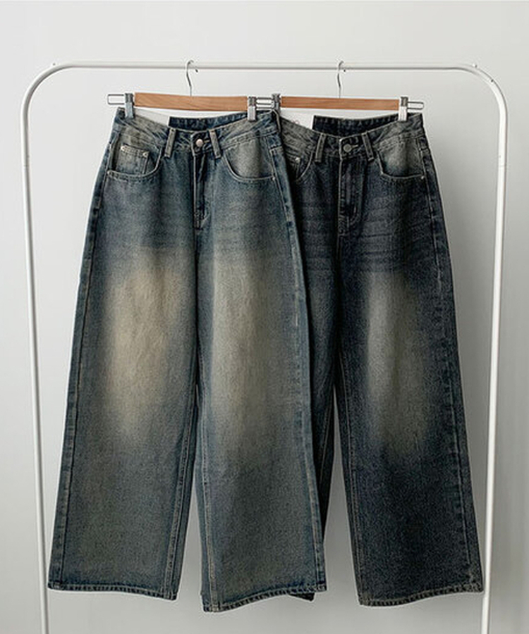 자체제작 로스텡 빈티지 브러쉬 워싱 데님 롱 와이드팬츠