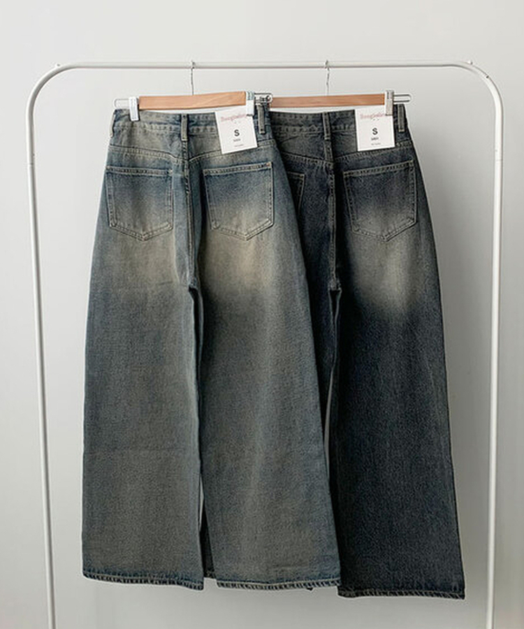 자체제작 로스텡 빈티지 브러쉬 워싱 데님 롱 와이드팬츠