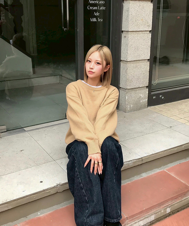 【単独制作/特価】oluデイリーラウンドネック、Vネック2種ニット BEIGE(R-neck)