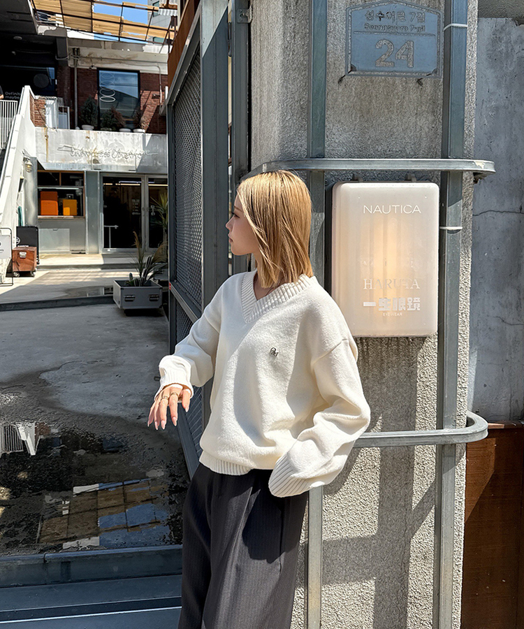 【単独制作/特価】oluデイリーラウンドネック、Vネック2種ニット IVORY(V-neck)
