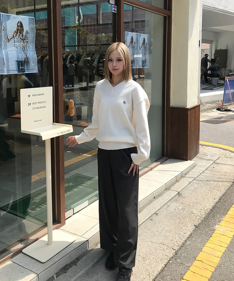 【単独制作/特価】oluデイリーラウンドネック、Vネック2種ニット IVORY(V-neck)