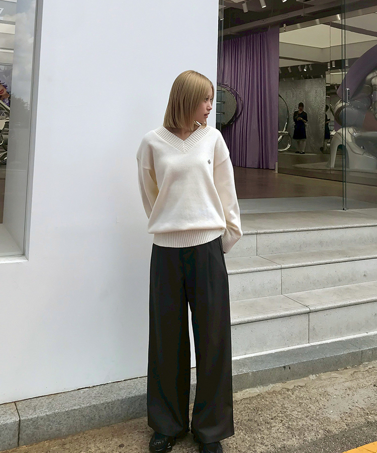 【単独制作/特価】oluデイリーラウンドネック、Vネック2種ニット IVORY(V-neck)