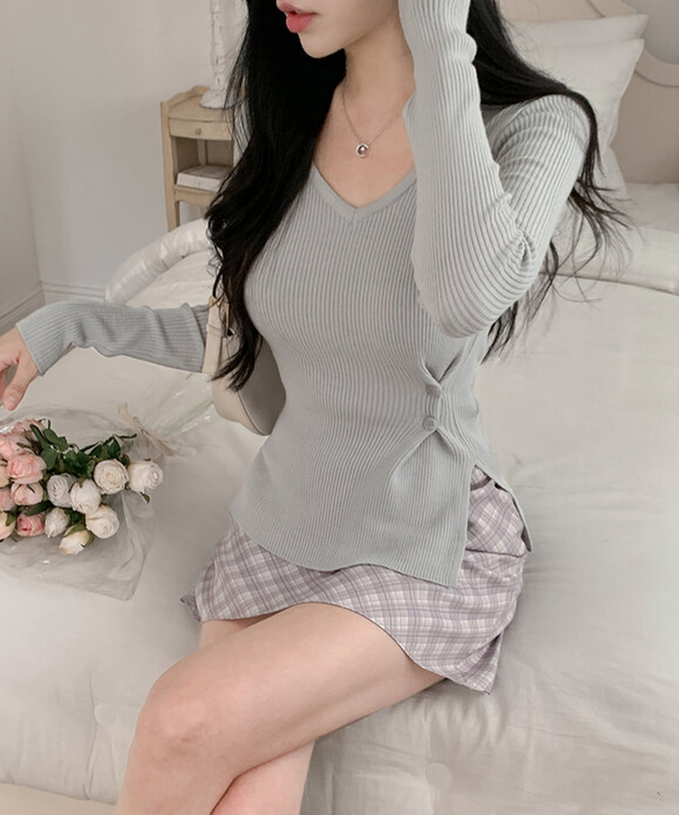 소르 여리 슬림 브이 니트 그레이