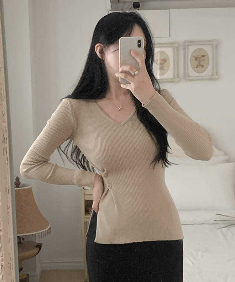 소르 여리 슬림 브이 니트 베이지