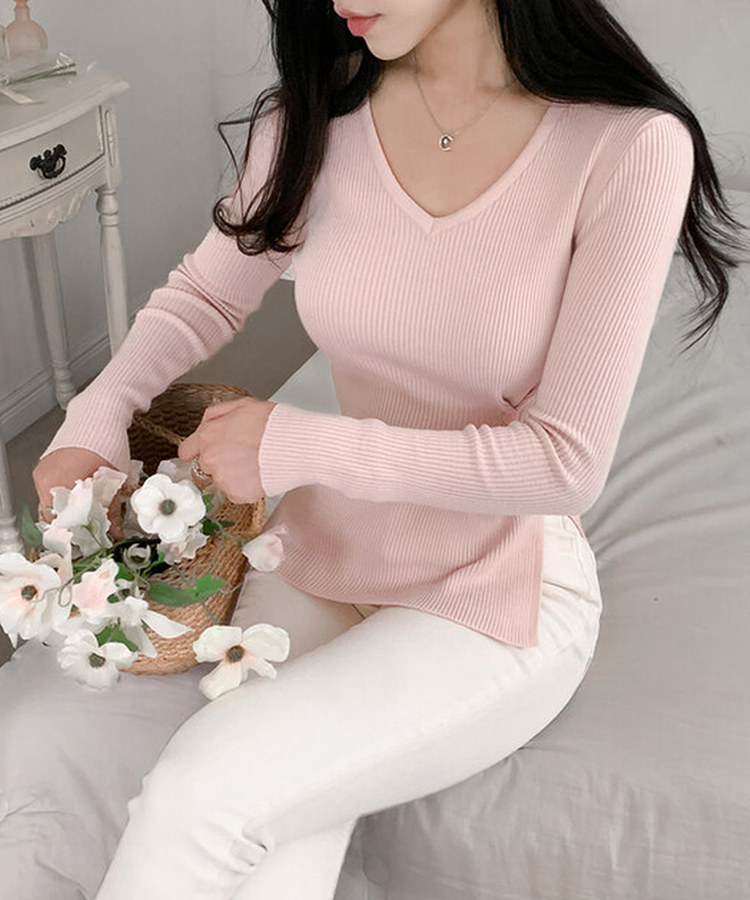 소르 여리 슬림 브이 니트 핑크