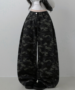 숏롱선택루프카모패턴코튼사이드스냅와이드롱팬츠 진그레이