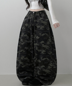 숏롱선택루프카모패턴코튼사이드스냅와이드롱팬츠 진그레이