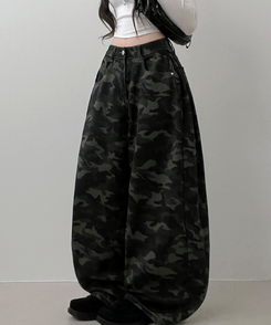 숏롱선택루프카모패턴코튼사이드스냅와이드롱팬츠 진그레이