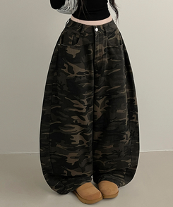 숏롱선택루프카모패턴코튼사이드스냅와이드롱팬츠 카키