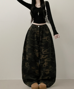 숏롱선택루프카모패턴코튼사이드스냅와이드롱팬츠 카키