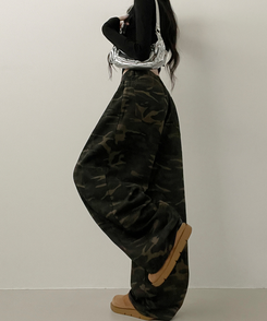 숏롱선택루프카모패턴코튼사이드스냅와이드롱팬츠 카키