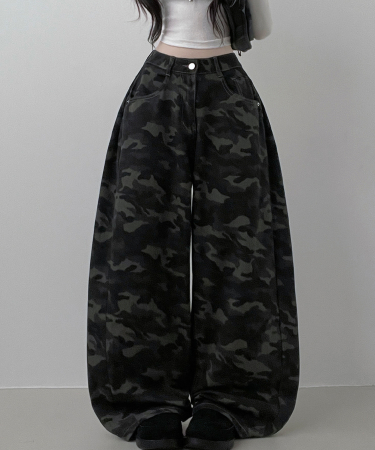 숏롱선택루프카모패턴코튼사이드스냅와이드롱팬츠 진그레이