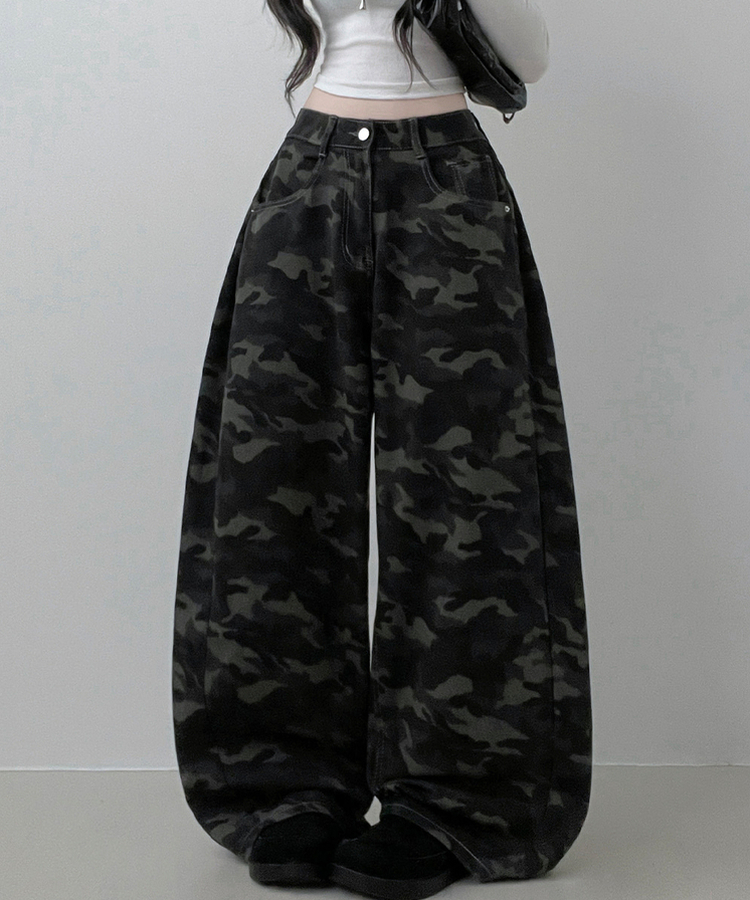 숏롱선택루프카모패턴코튼사이드스냅와이드롱팬츠 진그레이