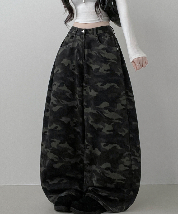 숏롱선택루프카모패턴코튼사이드스냅와이드롱팬츠 진그레이