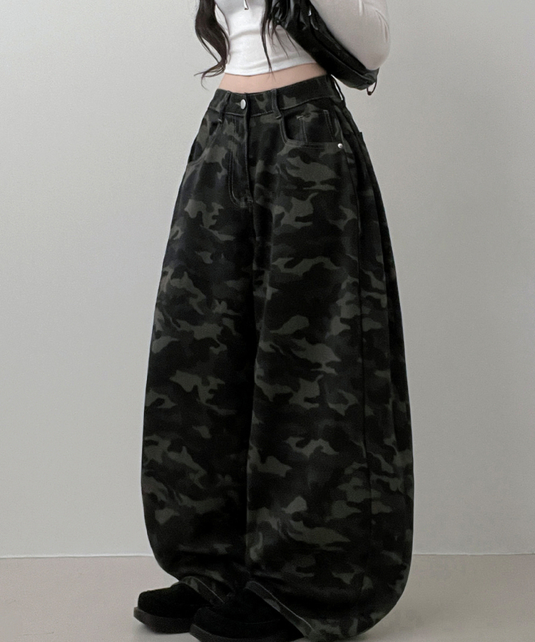 숏롱선택루프카모패턴코튼사이드스냅와이드롱팬츠 진그레이