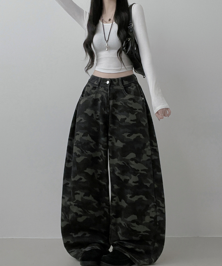 숏롱선택루프카모패턴코튼사이드스냅와이드롱팬츠 진그레이