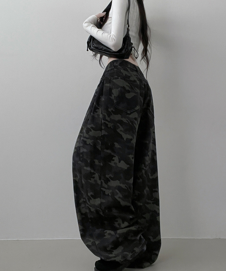 숏롱선택루프카모패턴코튼사이드스냅와이드롱팬츠 진그레이