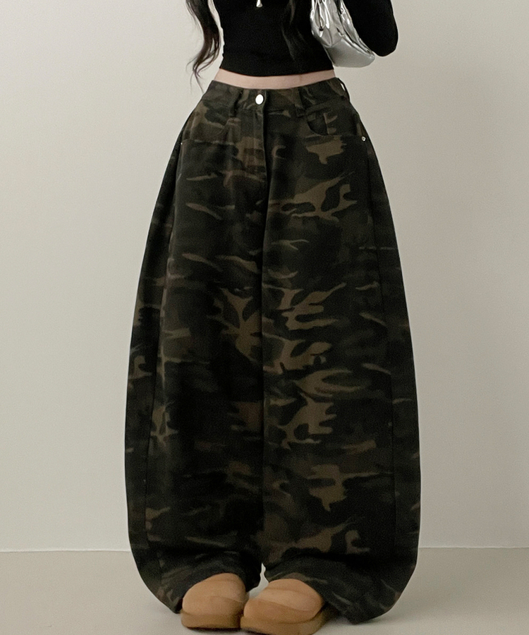 숏롱선택루프카모패턴코튼사이드스냅와이드롱팬츠 카키