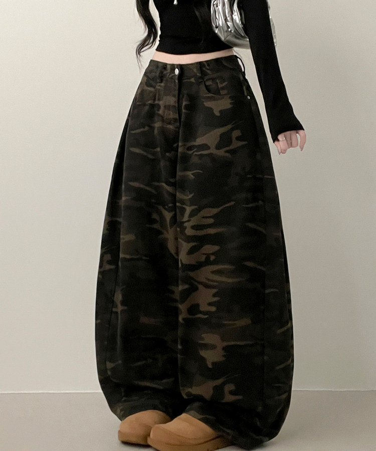 숏롱선택루프카모패턴코튼사이드스냅와이드롱팬츠 카키