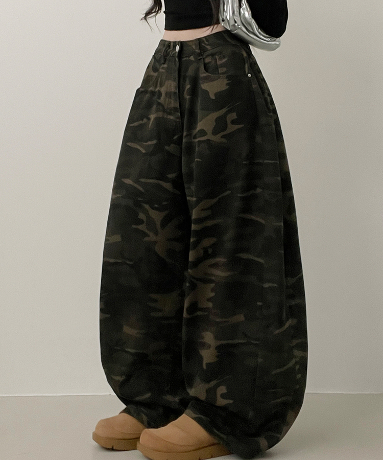 숏롱선택루프카모패턴코튼사이드스냅와이드롱팬츠 카키