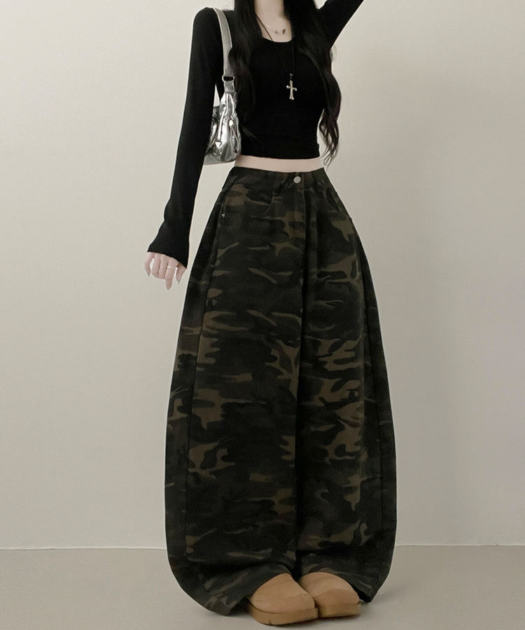 숏롱선택루프카모패턴코튼사이드스냅와이드롱팬츠 카키