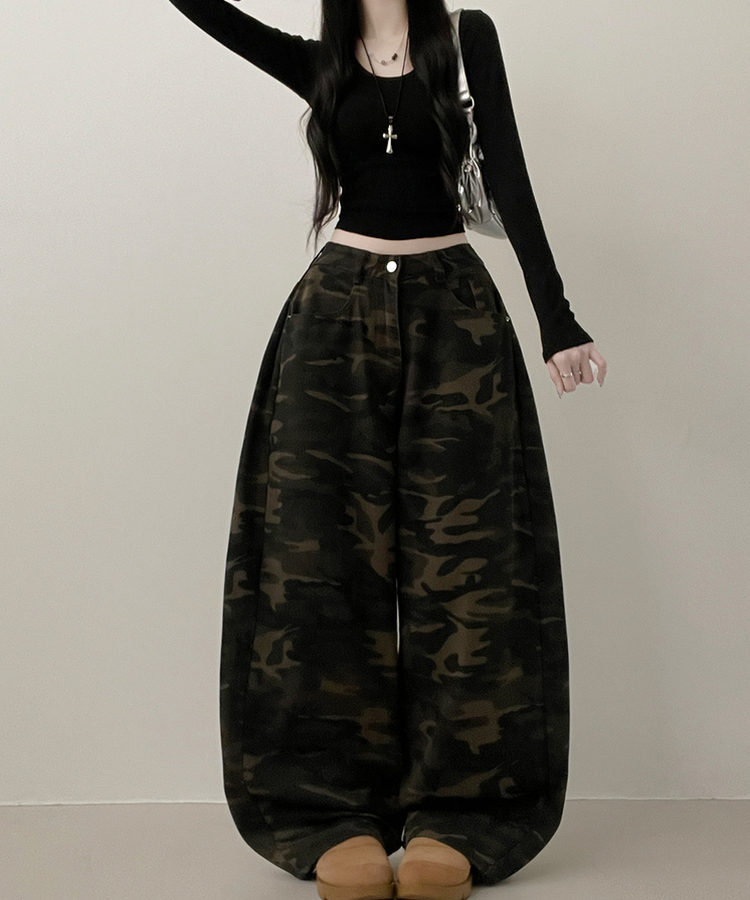 숏롱선택루프카모패턴코튼사이드스냅와이드롱팬츠 카키